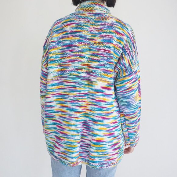 Handknit Multicolor Painterly Stripe Button Front Chunky FolkArt Knit Cardigan M - Picture 2 of 10